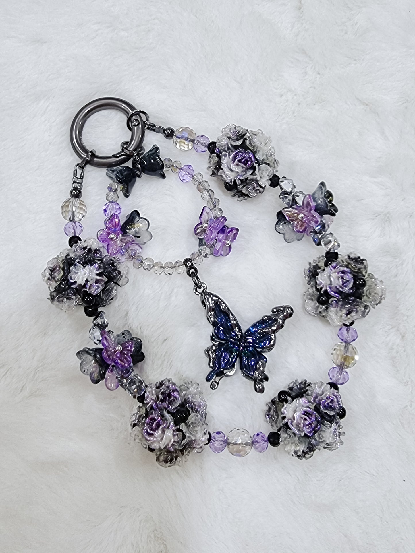 Purple black floral butterfly phone strap