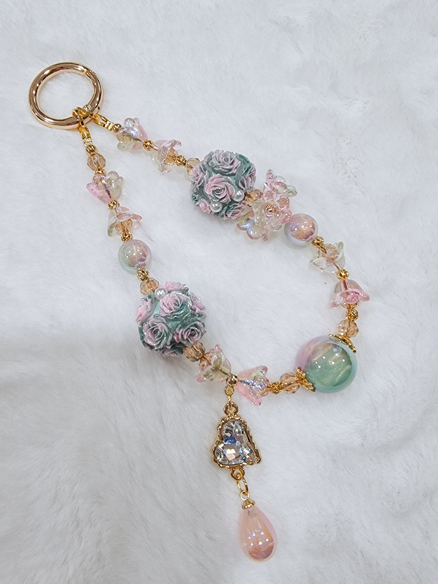 Pink jade floral phone strap