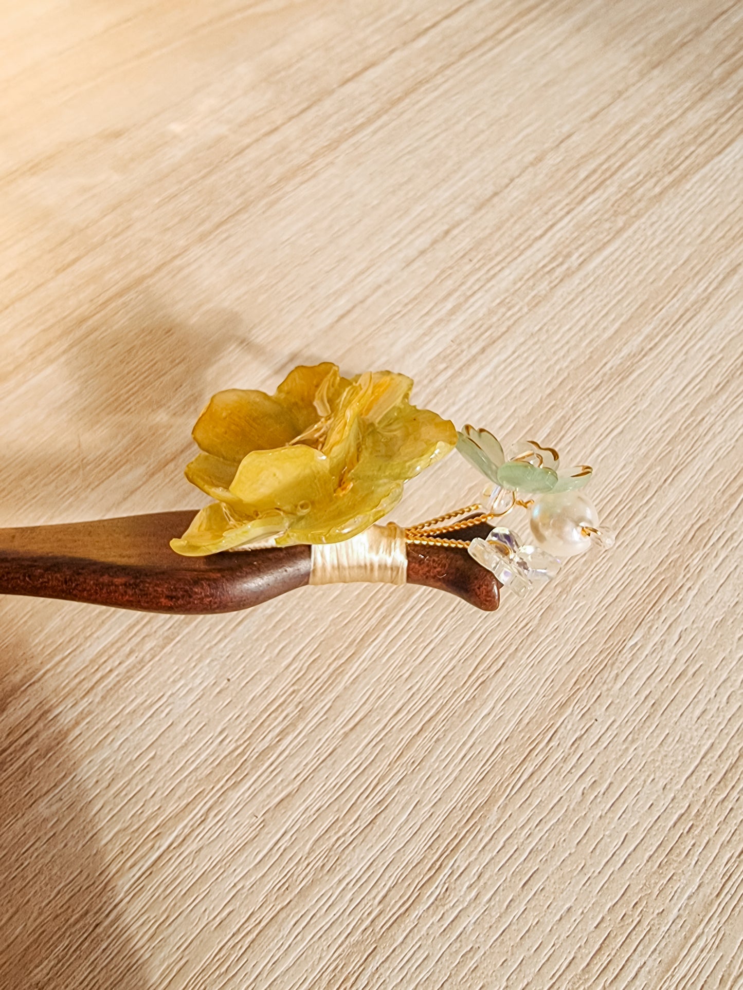 Sandal wood with yellow Abutilon hair pin