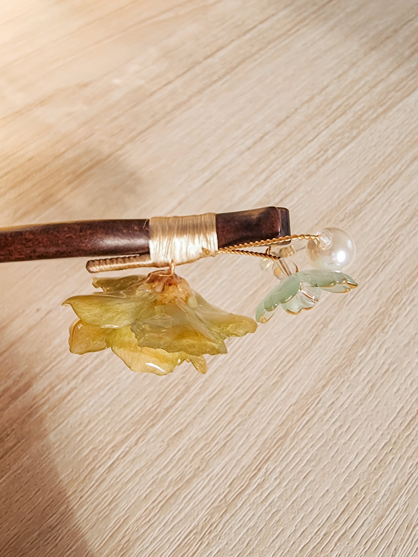 Sandal wood with yellow Abutilon hair pin