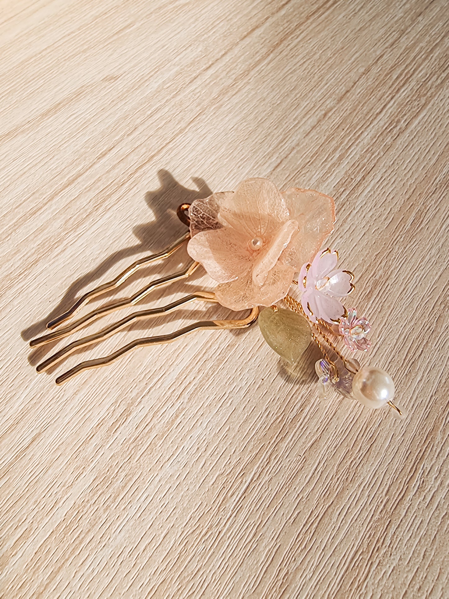 Pink hydrangea on gold hair pin