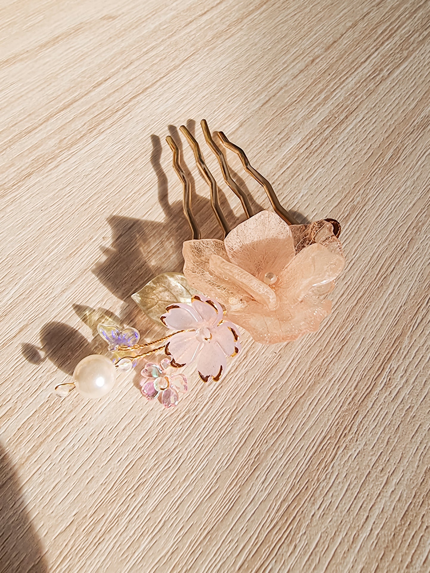 Pink hydrangea on gold hair pin