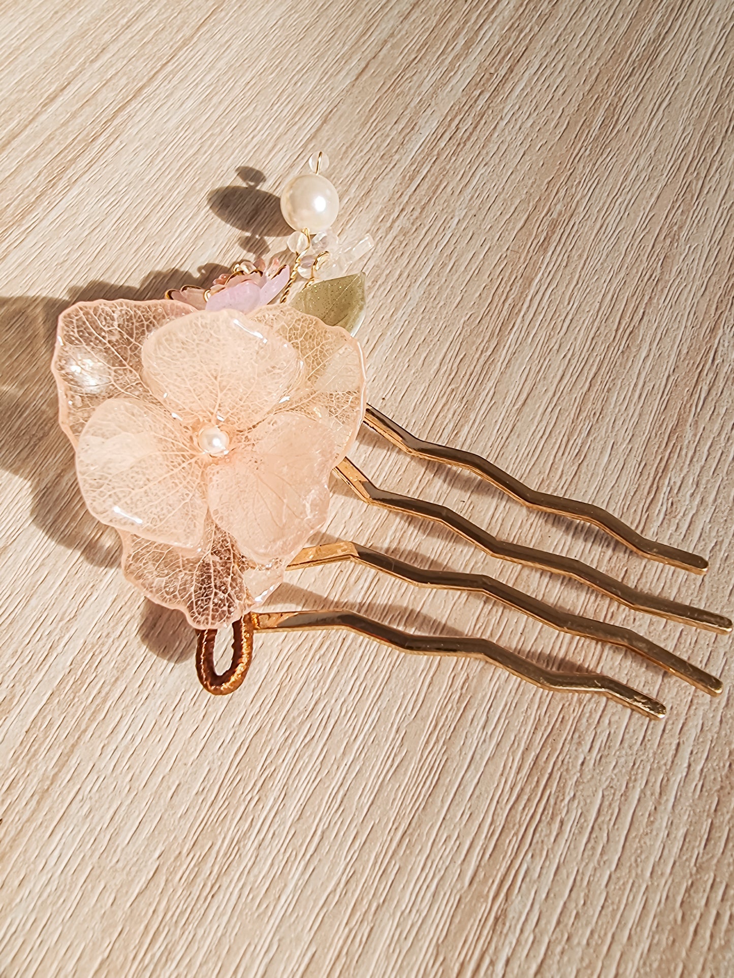 Pink hydrangea on gold hair pin