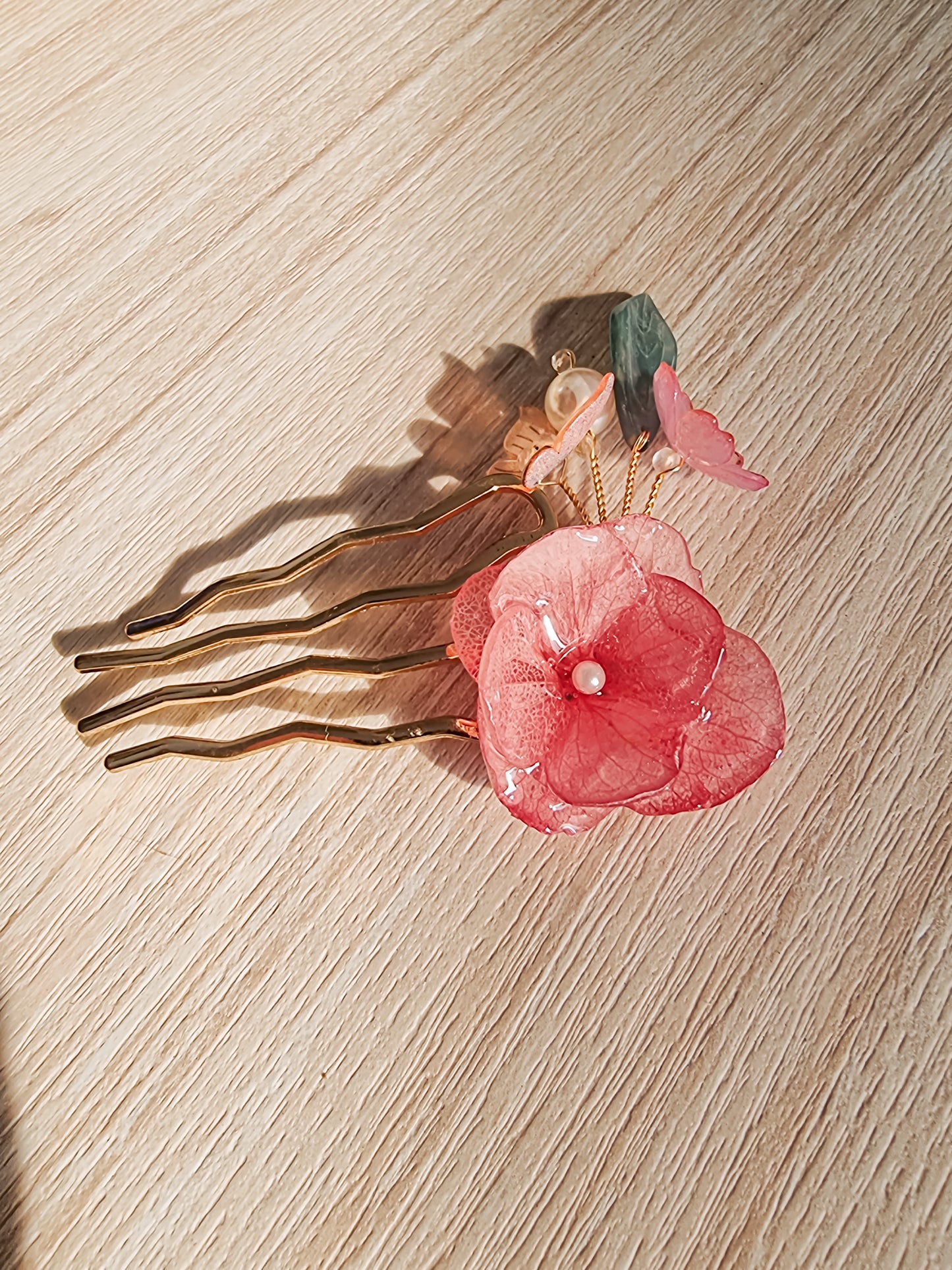 Pink hydrangea on gold hair pin