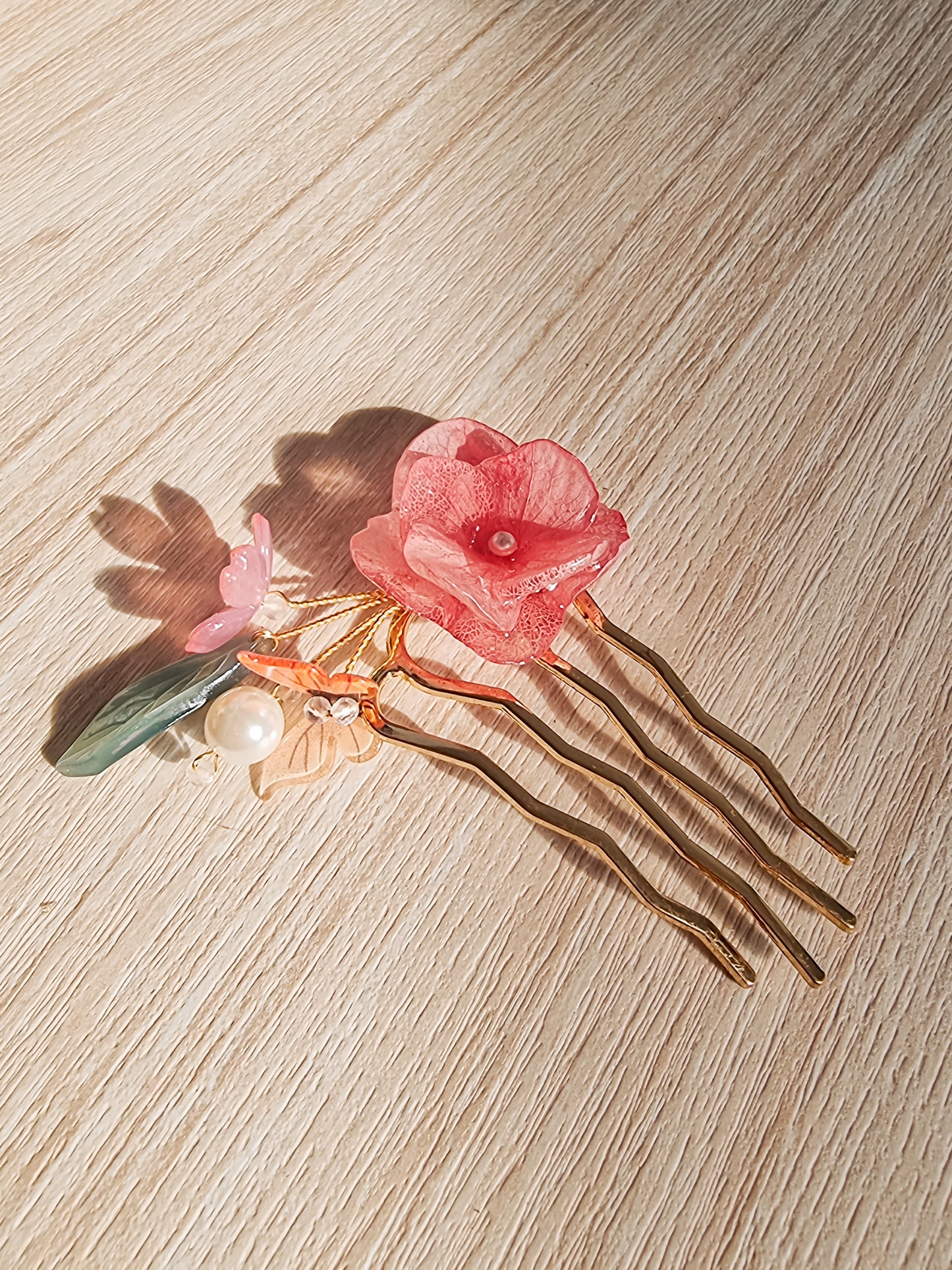 Pink hydrangea on gold hair pin