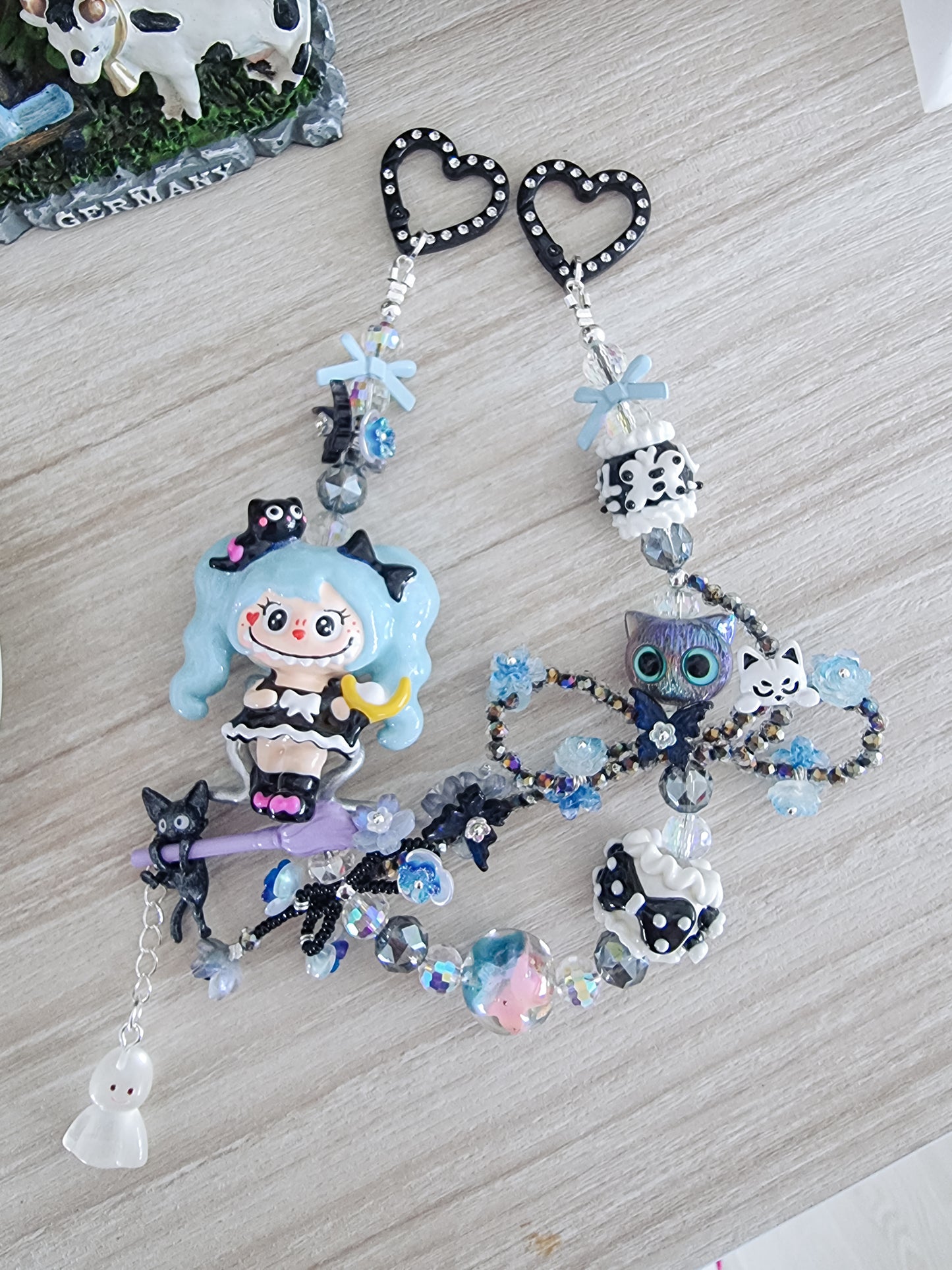 Handpainted labubu with blue hair strap