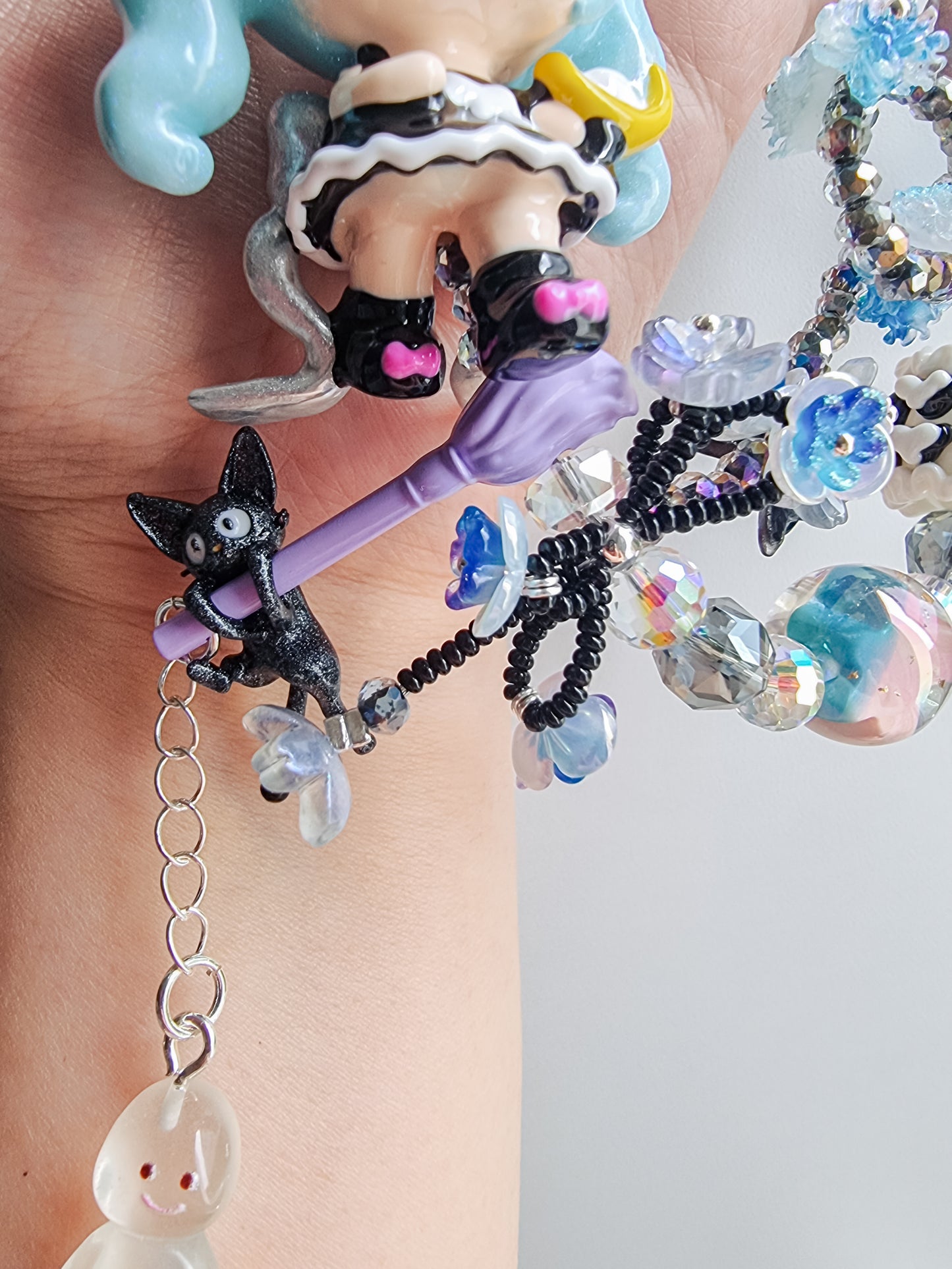 Handpainted labubu with blue hair strap