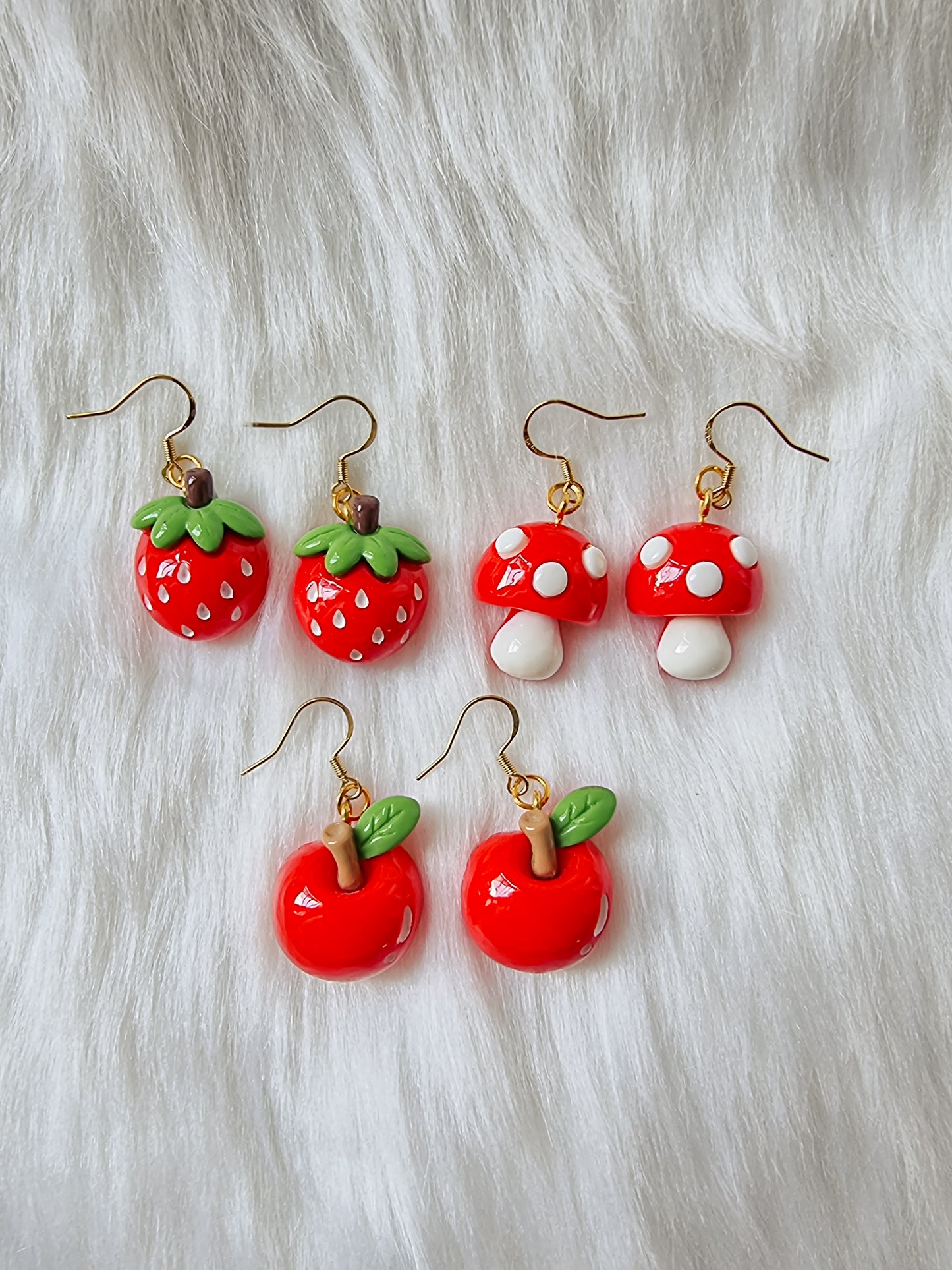 Mushroom, apple, strawberry earrings