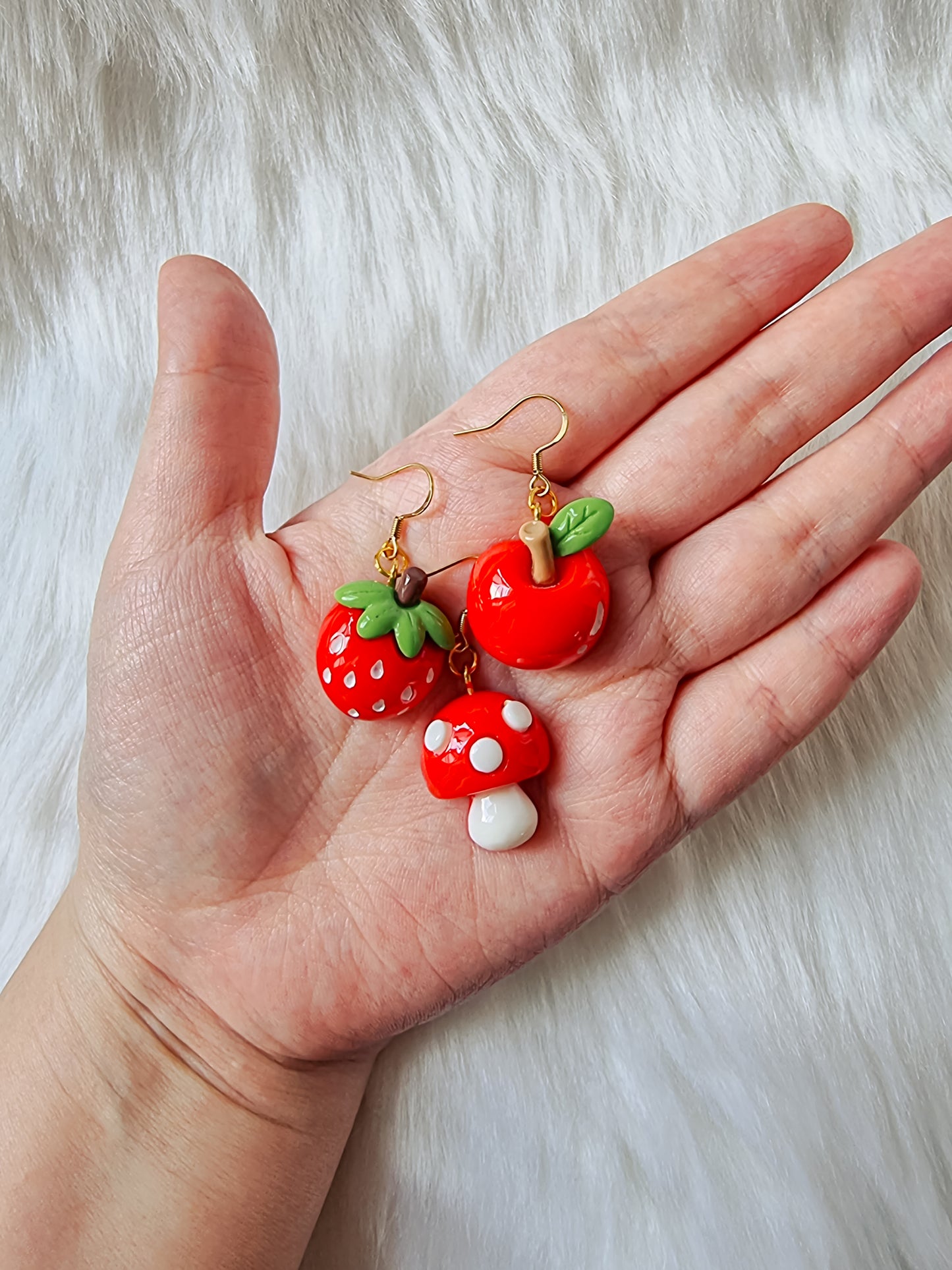 Mushroom, apple, strawberry earrings