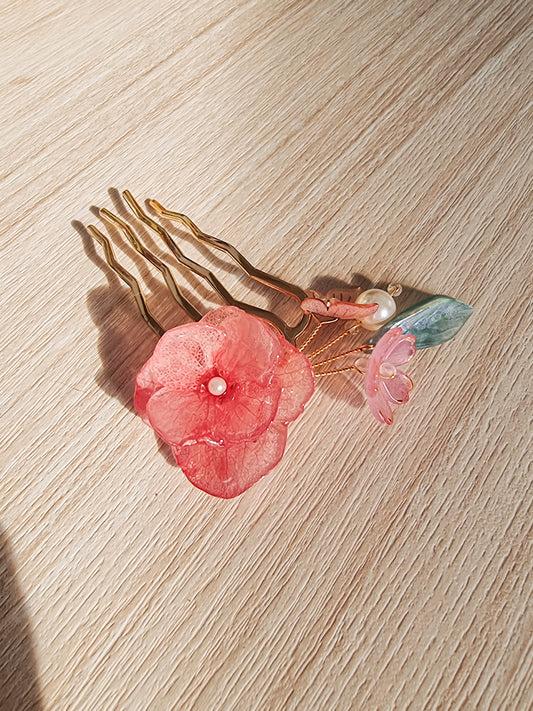 Pink hydrangea on gold hair pin
