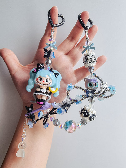 Handpainted labubu with blue hair strap