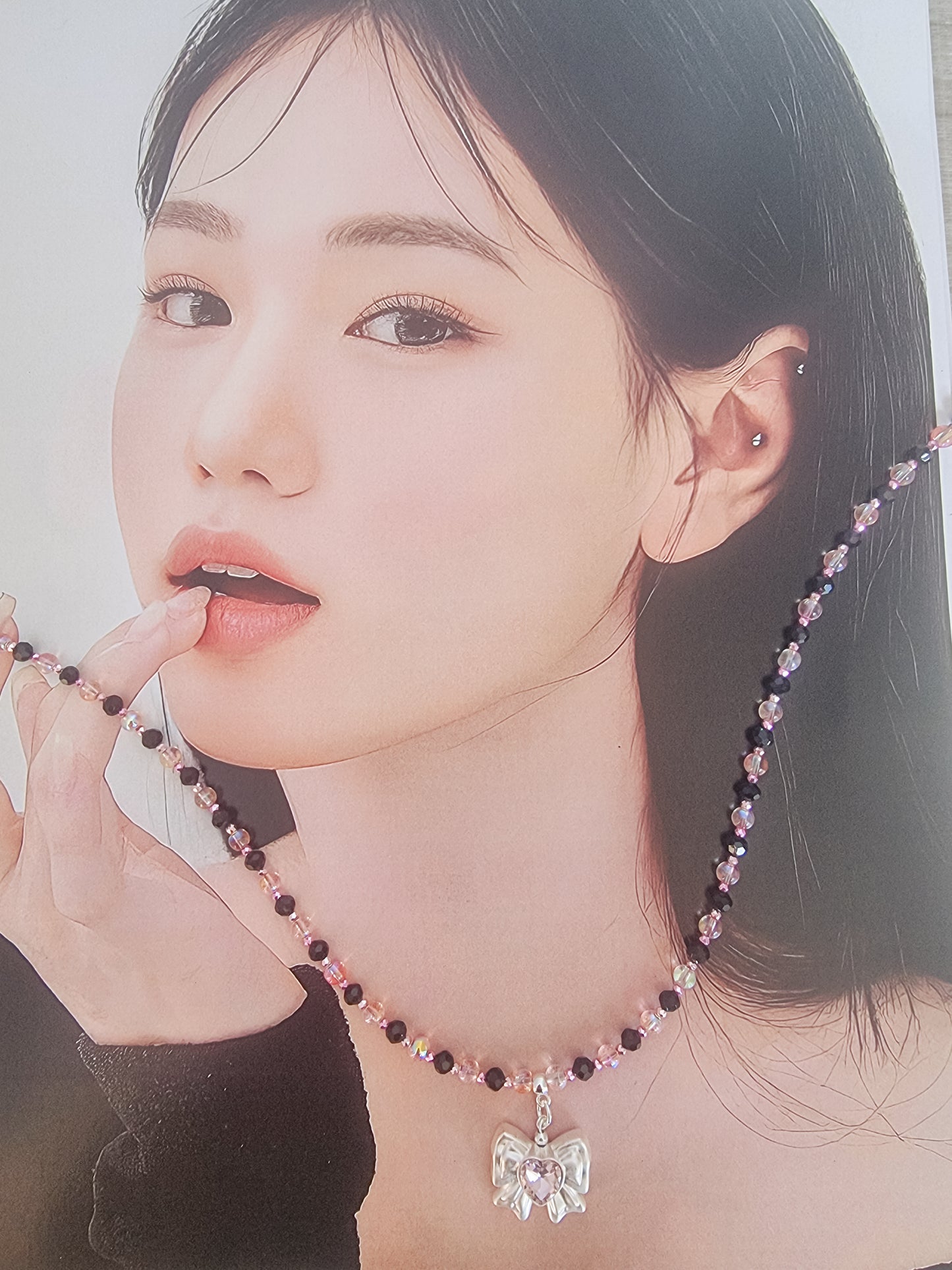 Black pink ribbon necklace