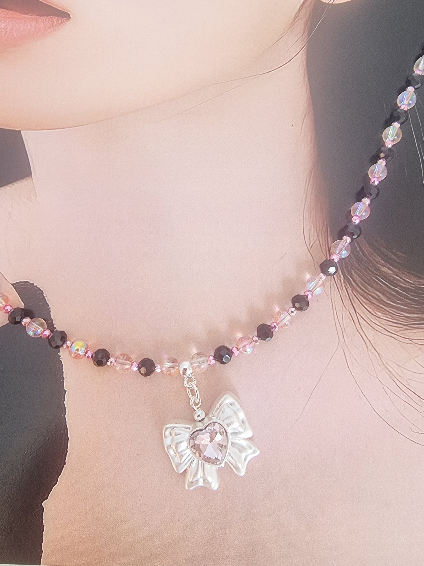 Black pink ribbon necklace