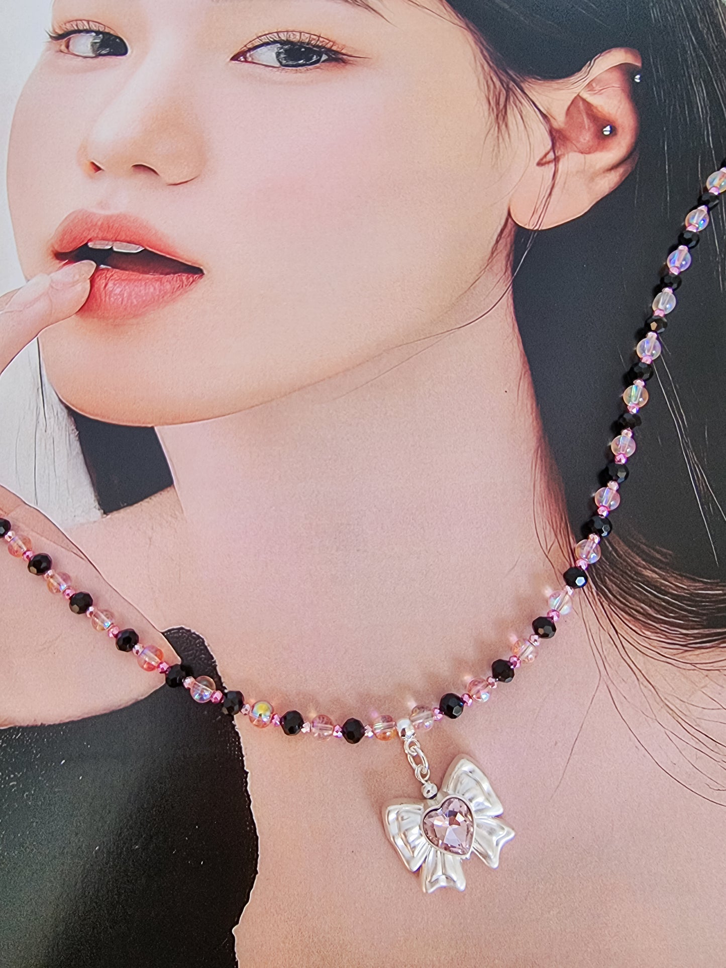 Black pink ribbon necklace